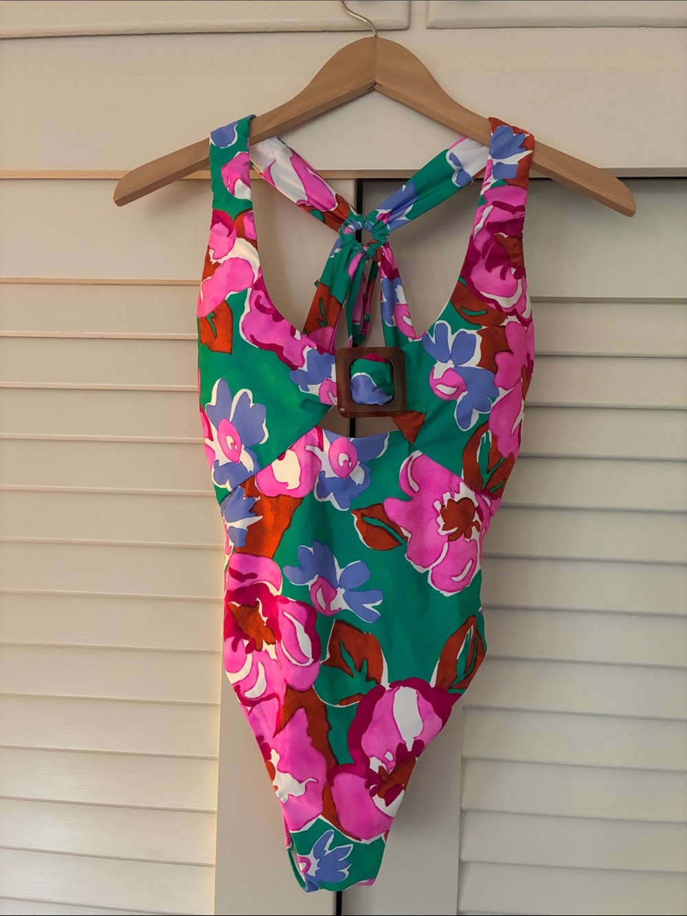 Green Floral One-Piece Swimsuit with Pink Accents